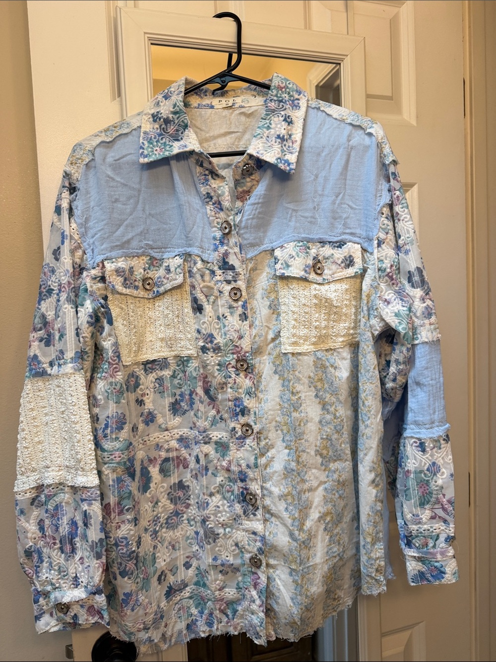 POL Light Blue Floral Patchwork Button-Up Shirt